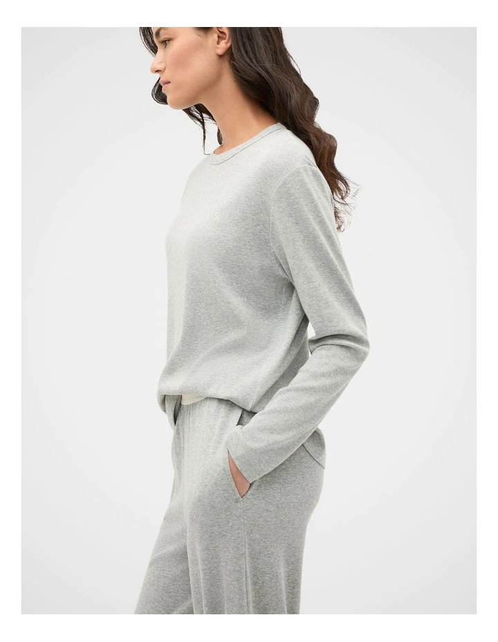 Ribbed Long Sleeve Top and Pant PJ Set in Pale Slate Marle image 4