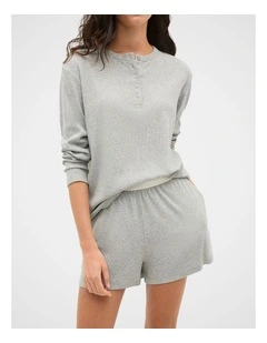 Ribbed Long Sleeve Henley and Short PJ Set in Pale Slate Marle