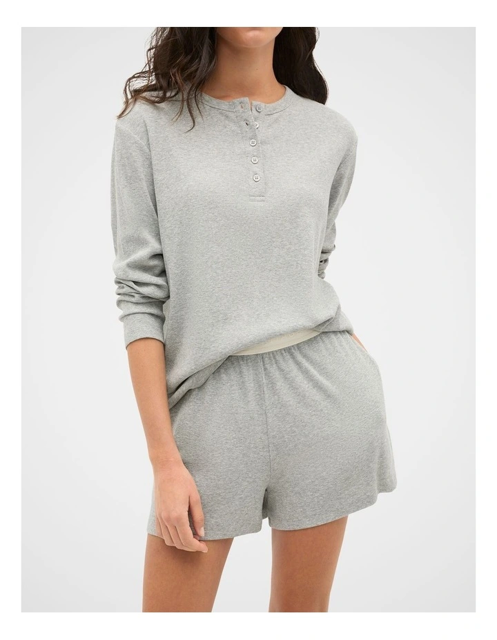 Ribbed Long Sleeve Henley and Short PJ Set in Pale Slate Marle image 1