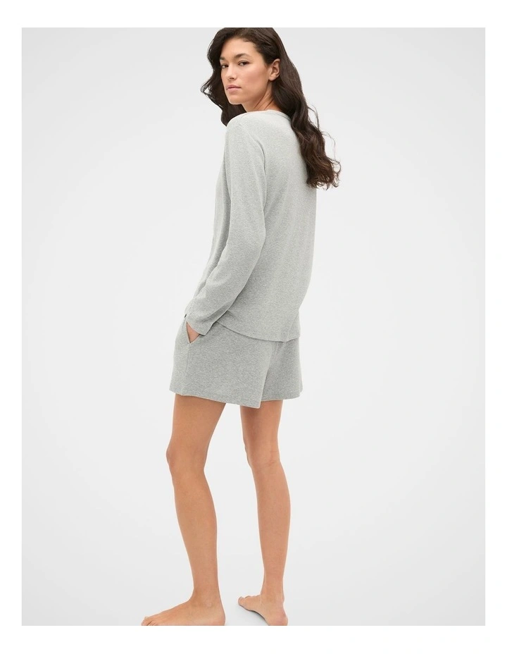Ribbed Long Sleeve Henley and Short PJ Set in Pale Slate Marle image 2