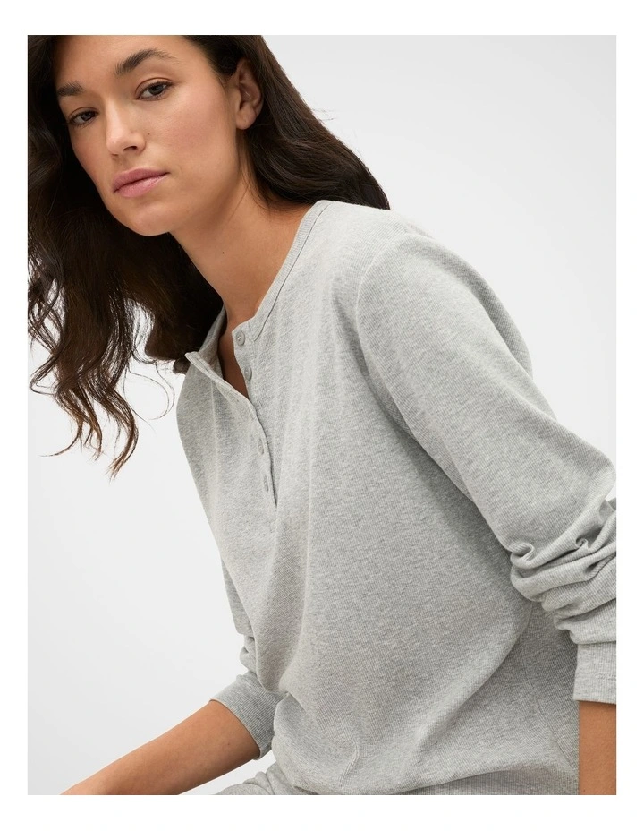 Ribbed Long Sleeve Henley and Short PJ Set in Pale Slate Marle image 3