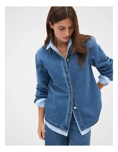 Denim Concealed Placket Shirt in Mid Indigo Denim