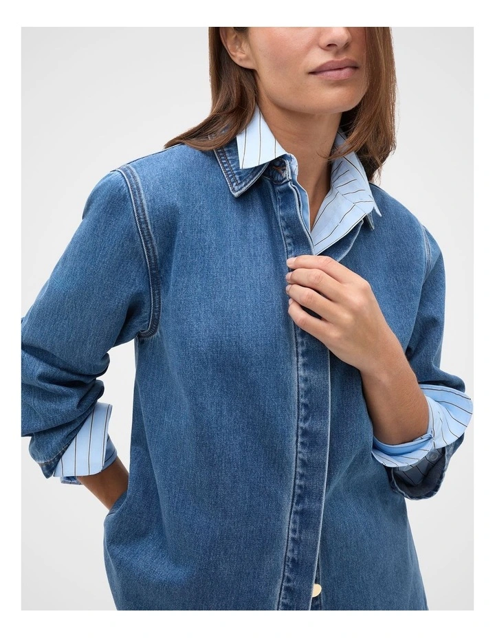 Denim Concealed Placket Shirt in Mid Indigo Denim image 4