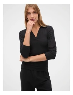 Core Rib Collared Top in Black