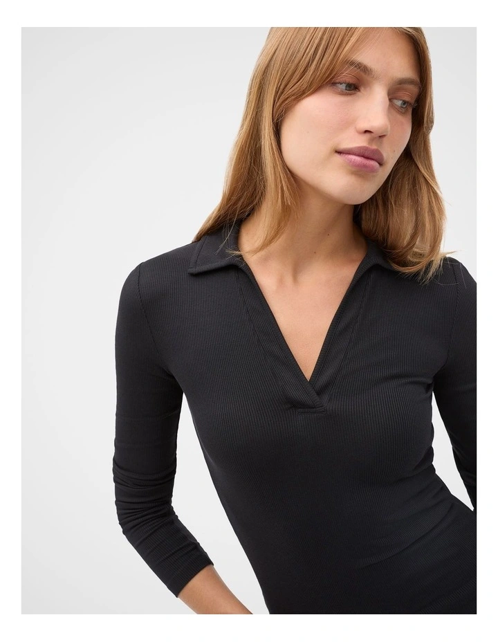 Core Rib Collared Top in Black image 3
