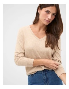 Supersoft V Neck Top in Sandstone Marle