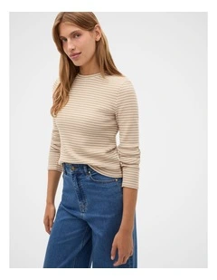 Textured Waffle Crew Neck Top in Sandstone Stripe