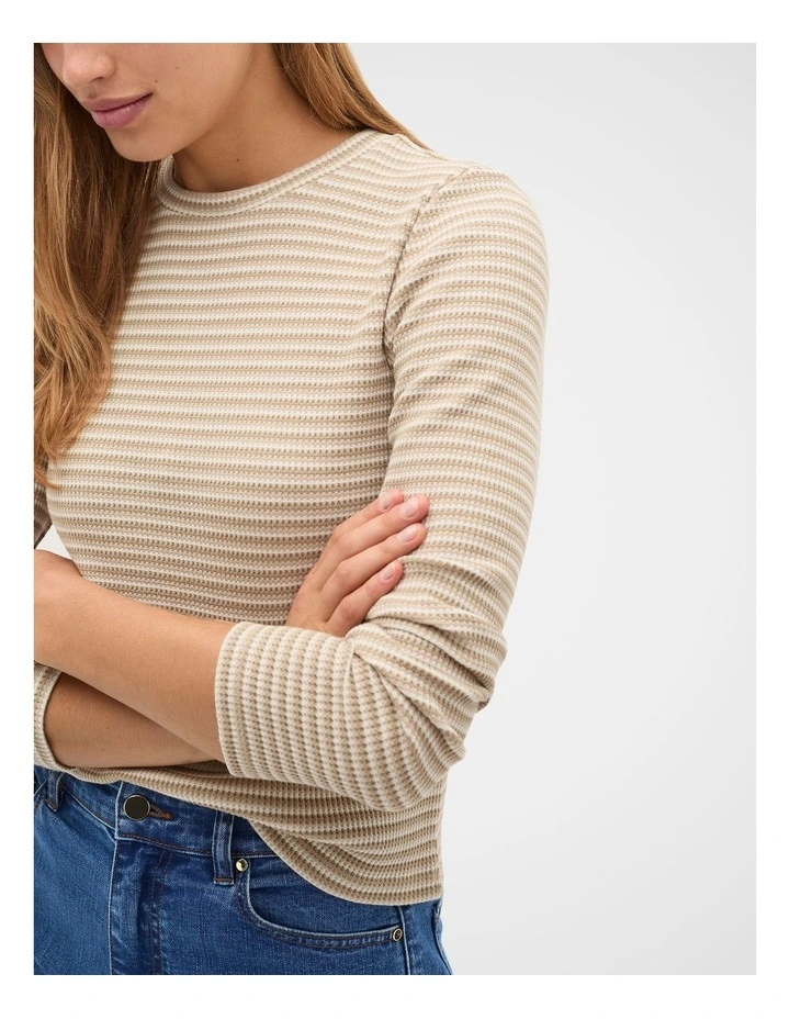 Textured Waffle Crew Neck Top in Sandstone Stripe image 4