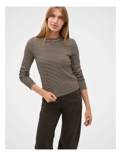 Textured Waffle Crew Neck Top in Coffee Bean Stripe