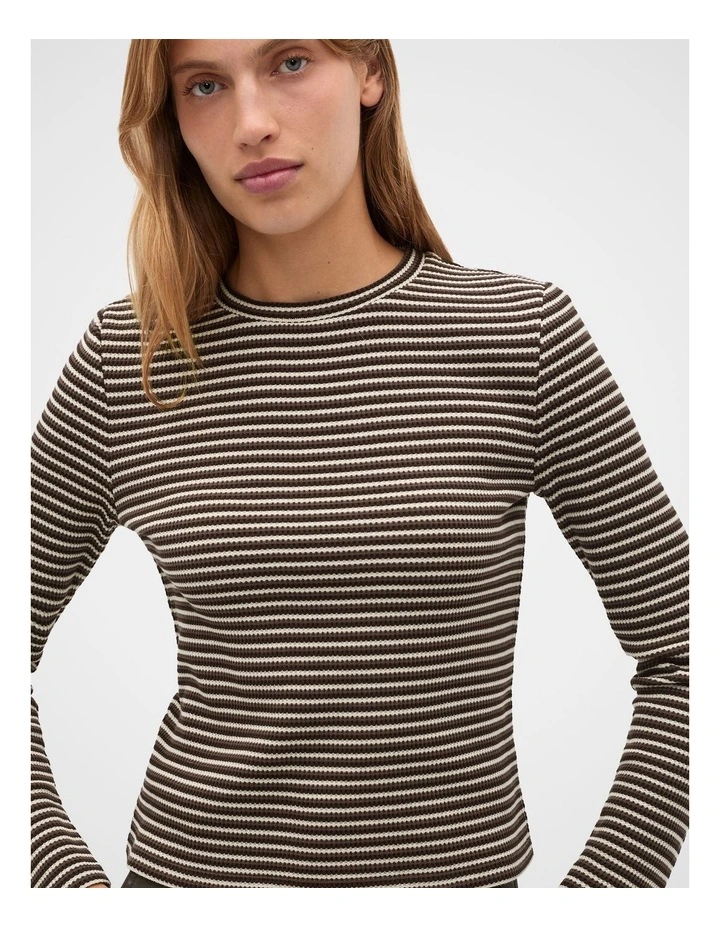 Textured Waffle Crew Neck Top in Coffee Bean Stripe image 4