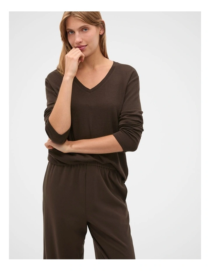 Australian Merino V Neck Top in Coffee Bean image 1