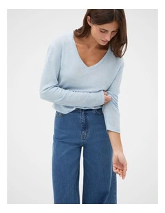 Australian Merino V Neck Top in Soft Blue Marle