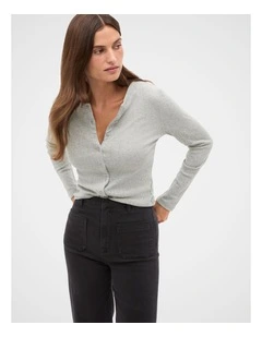 Pointelle Long Sleeve Top in Pale Slate Marle
