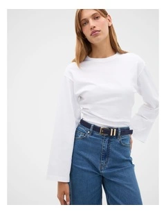 Cotton Long Sleeve Waisted Top in Whisper White