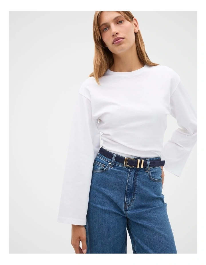 Cotton Long Sleeve Waisted Top in Whisper White image 1
