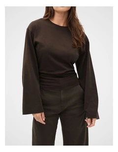 Cotton Long Sleeve Waisted Top in Coffee Bean