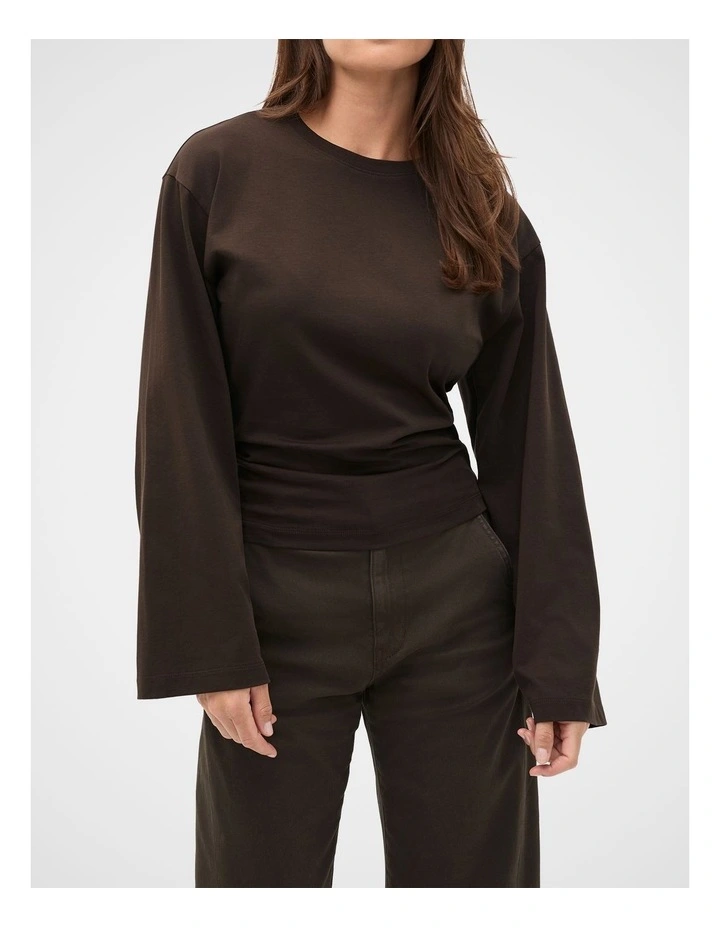 Cotton Long Sleeve Waisted Top in Coffee Bean image 1