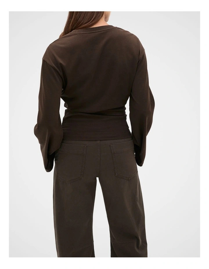 Cotton Long Sleeve Waisted Top in Coffee Bean image 2