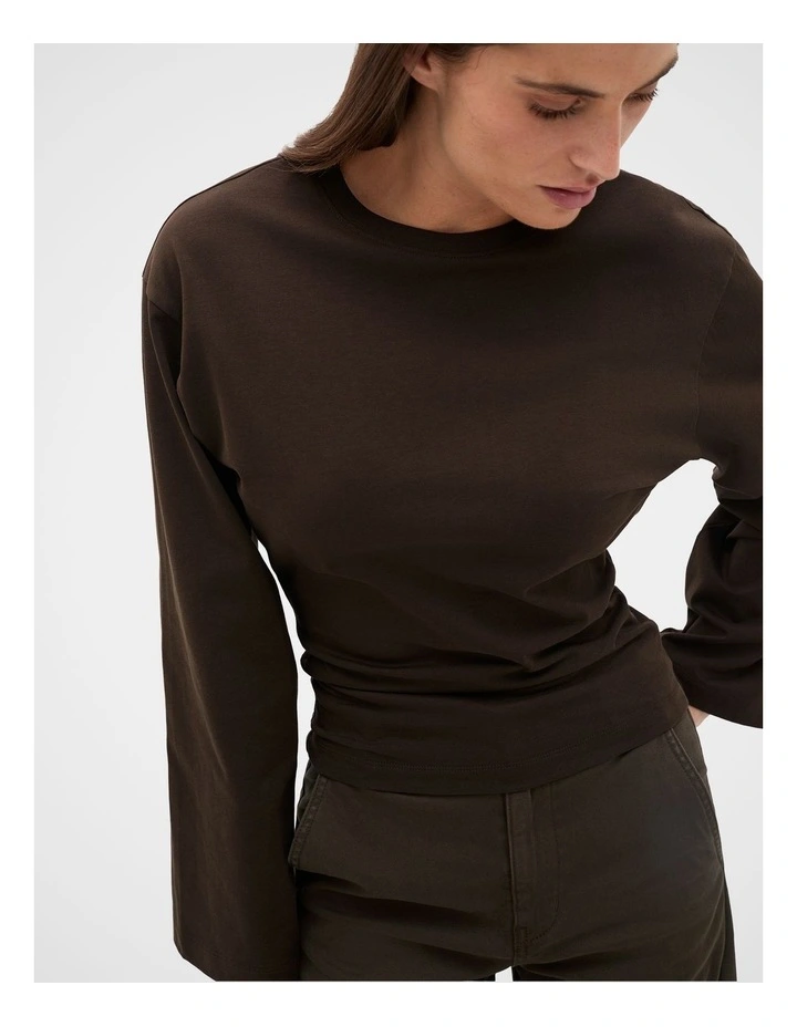 Cotton Long Sleeve Waisted Top in Coffee Bean image 4