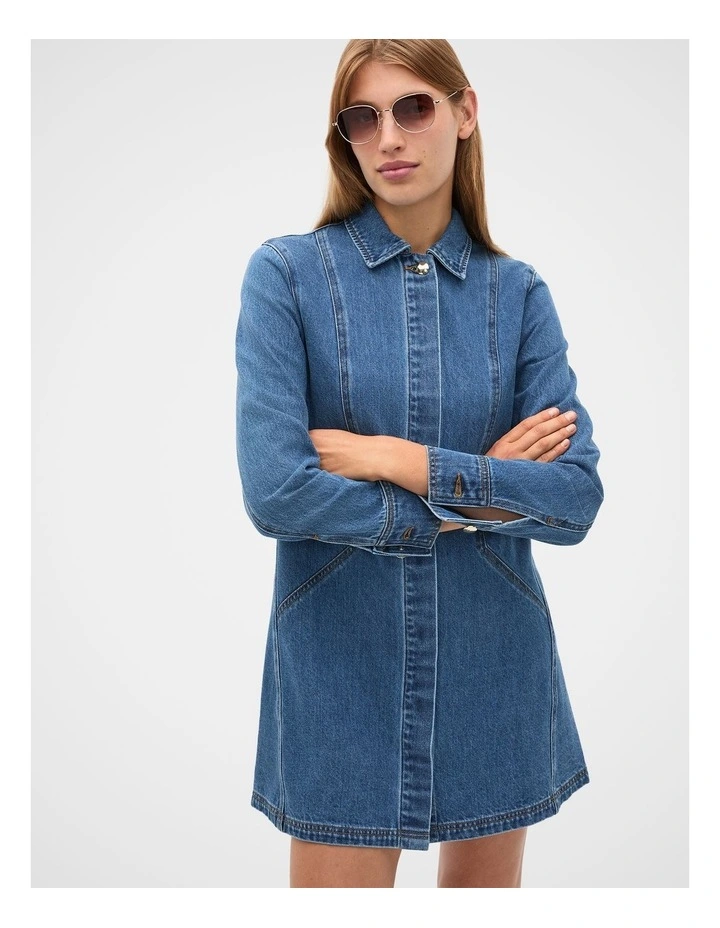 Denim Longsleeve Mini Dress in Mid Indigo Denim image 1