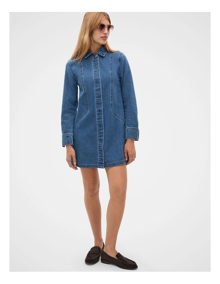 Denim Longsleeve Mini Dress in Mid Indigo Denim image 3