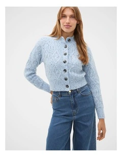 Diamond Cable Knit Cardigan in Soft Blue Marle