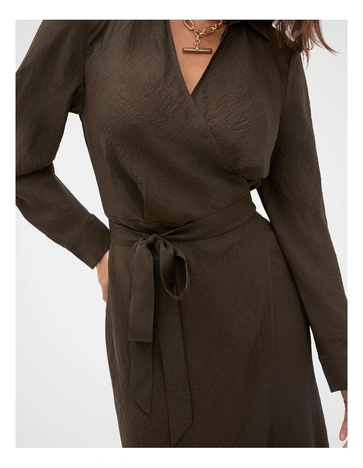 Textured Satin Wrap Shirt Dress in Coffee Bean image 3