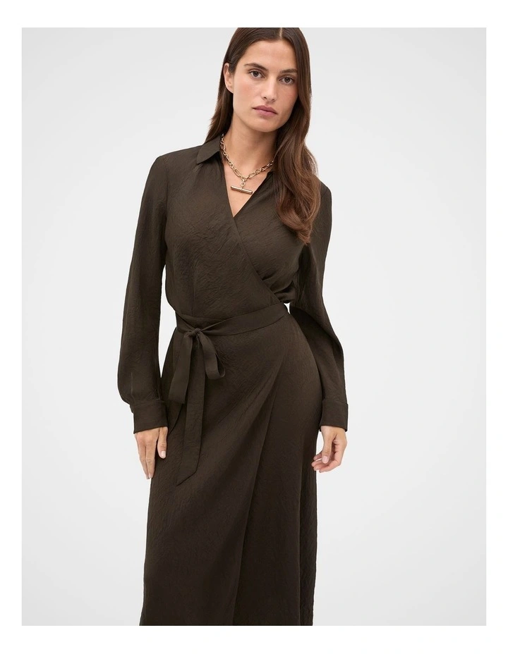 Textured Satin Wrap Shirt Dress in Coffee Bean image 4