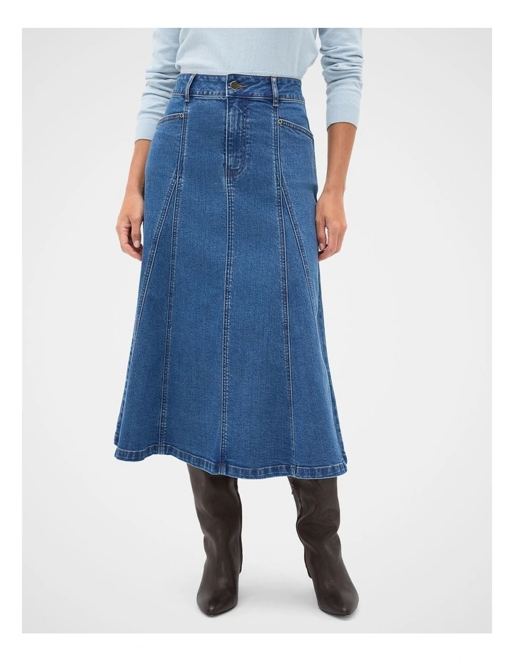 Denim Panelled A Line Skirt in Mid Indigo Denim image 1