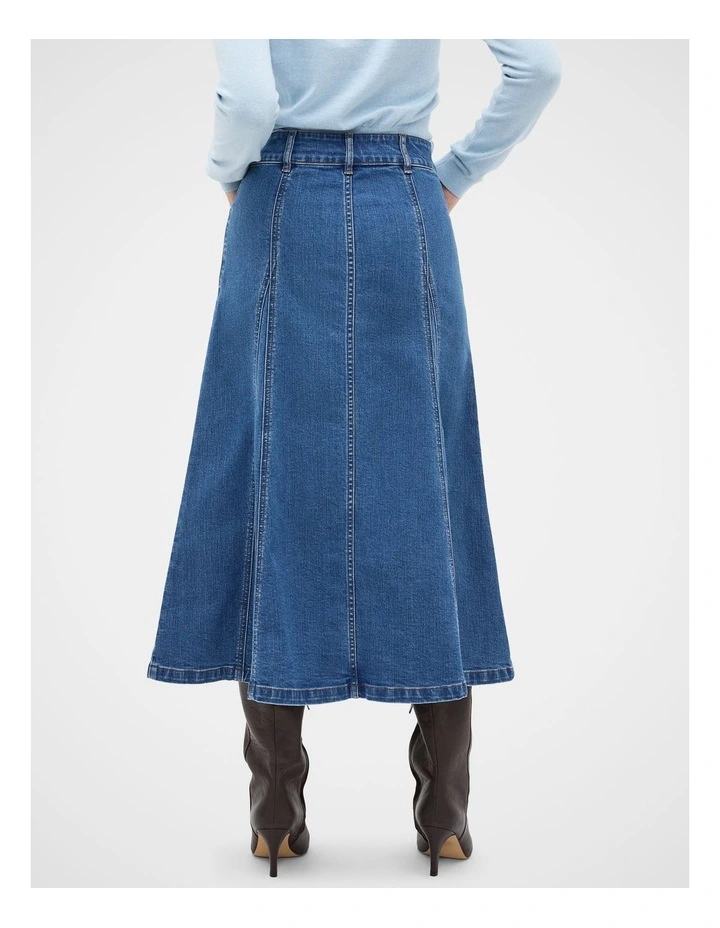 Denim Panelled A Line Skirt in Mid Indigo Denim image 2