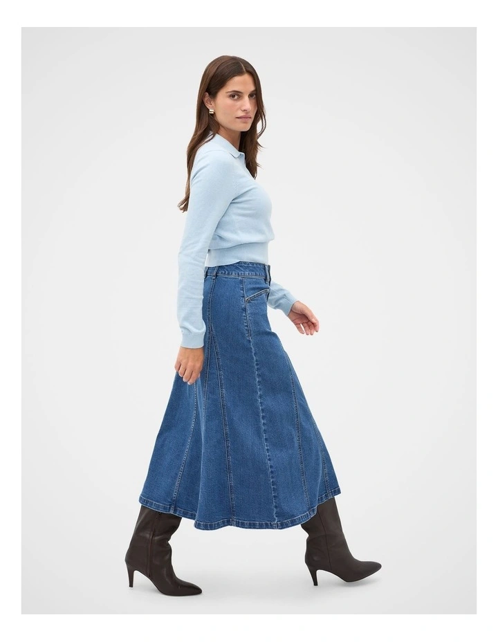Denim Panelled A Line Skirt in Mid Indigo Denim image 3