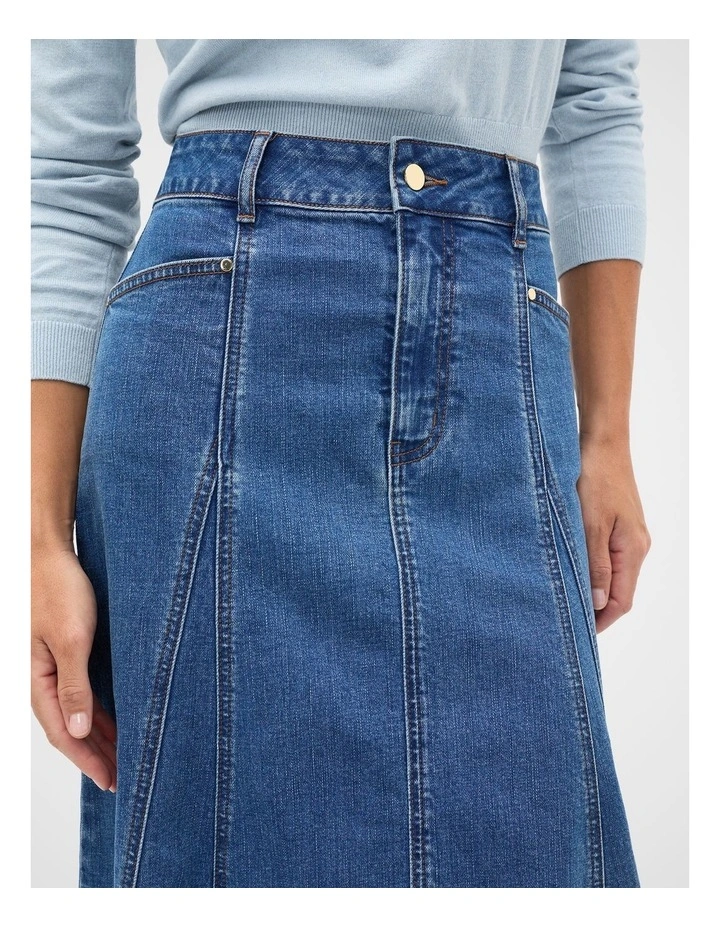 Denim Panelled A Line Skirt in Mid Indigo Denim image 4