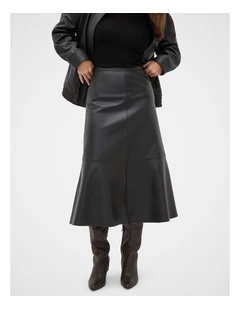 Leather Midi Split Front Skirt in Black