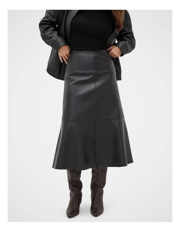 Leather Midi Split Front Skirt in Black image 1