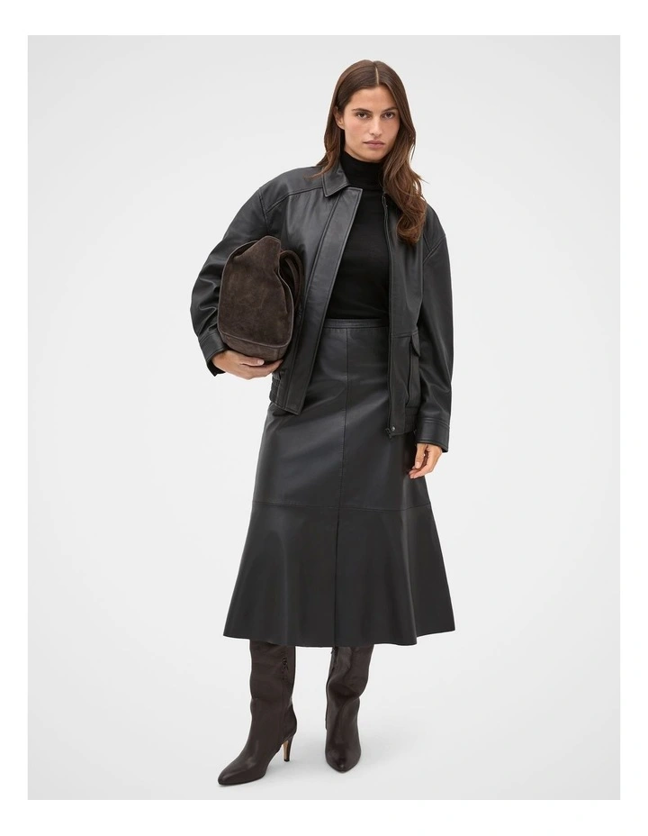 Leather Midi Split Front Skirt in Black image 3
