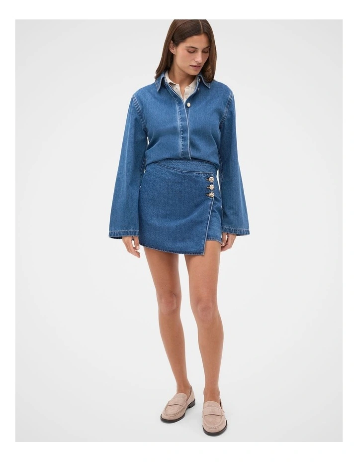 Denim Wrap Mini Skirt in Mid Indigo Denim image 3