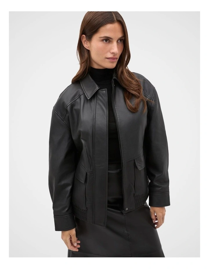 Leather Bomber Jacket in Black image 1