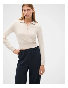 Cotton Blend Polo Knit in Vanilla Cream Marle