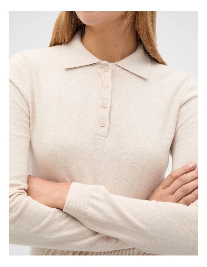 Cotton Blend Polo Knit in Vanilla Cream Marle image 3