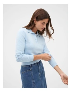 Cotton Blend Polo Knit in Soft Blue Marle