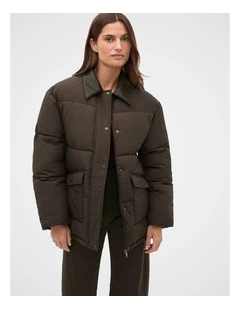 Collared Puffer Jacket in Coffee Bean
