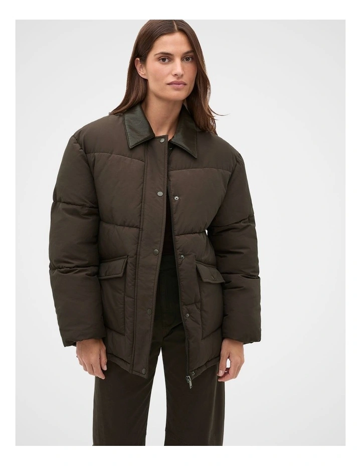 Collared Puffer Jacket in Coffee Bean image 1
