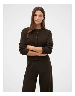 Merino Button Up Knit Cardigan in Coffee Bean