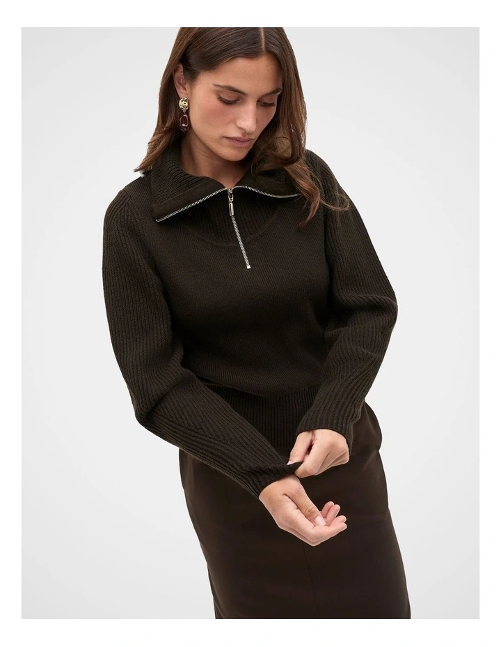 Zip Through Funnel Neck Knit in Coffee Bean image 1