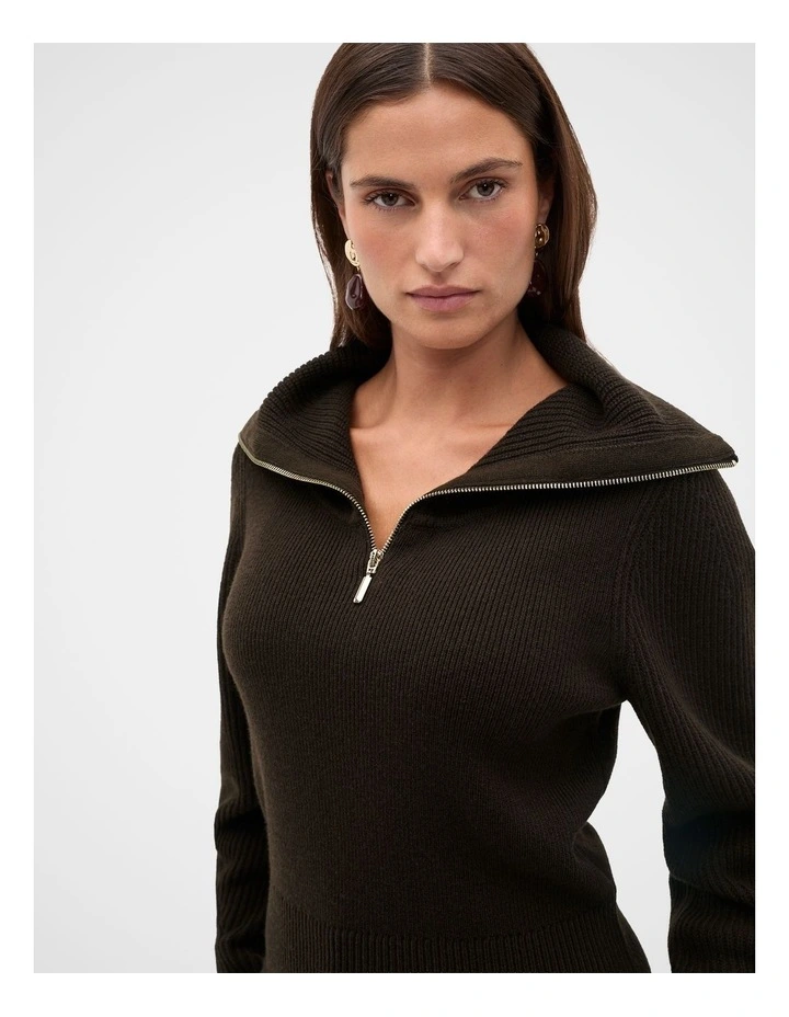 Zip Through Funnel Neck Knit in Coffee Bean image 3