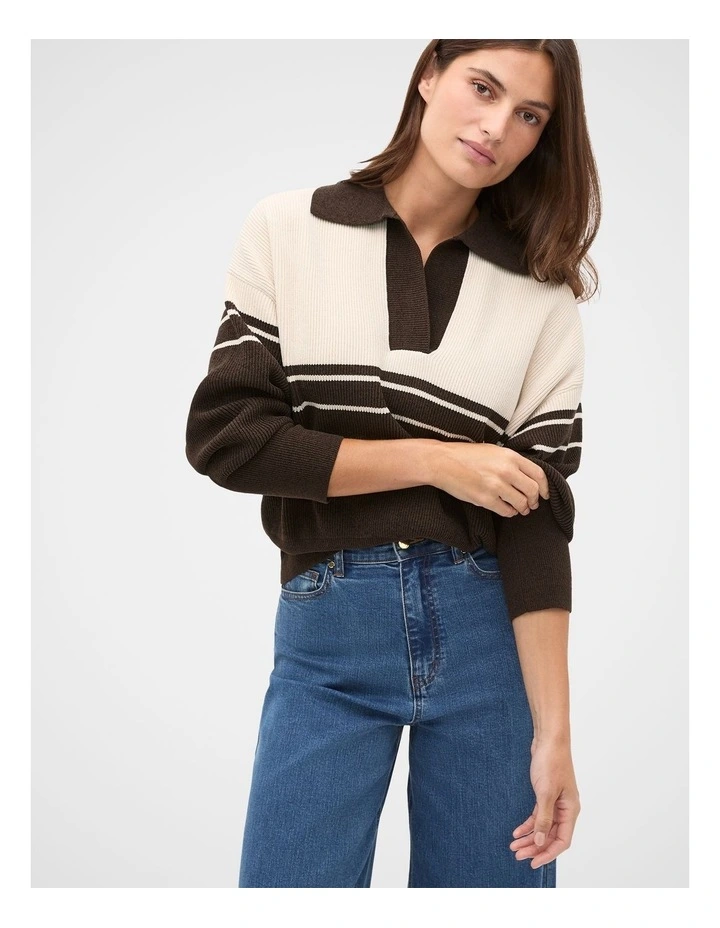 Collared Breton Stripe Knit in Coffee Bean image 1