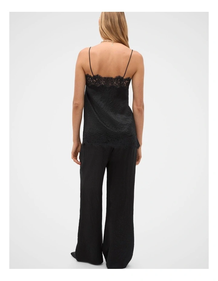 Crinkled Satin Lace Square Neck Cami in Black image 2