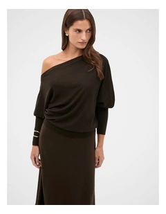 Wool Blend Off Shoulder Knit in Coffee Bean