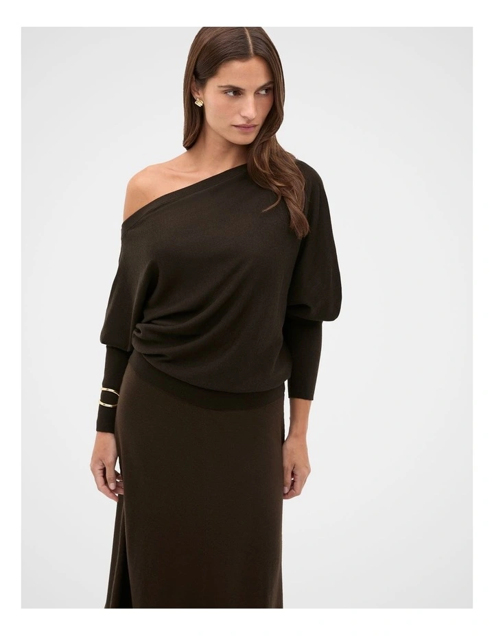 Wool Blend Off Shoulder Knit in Coffee Bean image 1