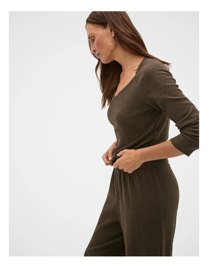 Pointelle Top and Pant PJ Set in Coffee Bean Marle image 3